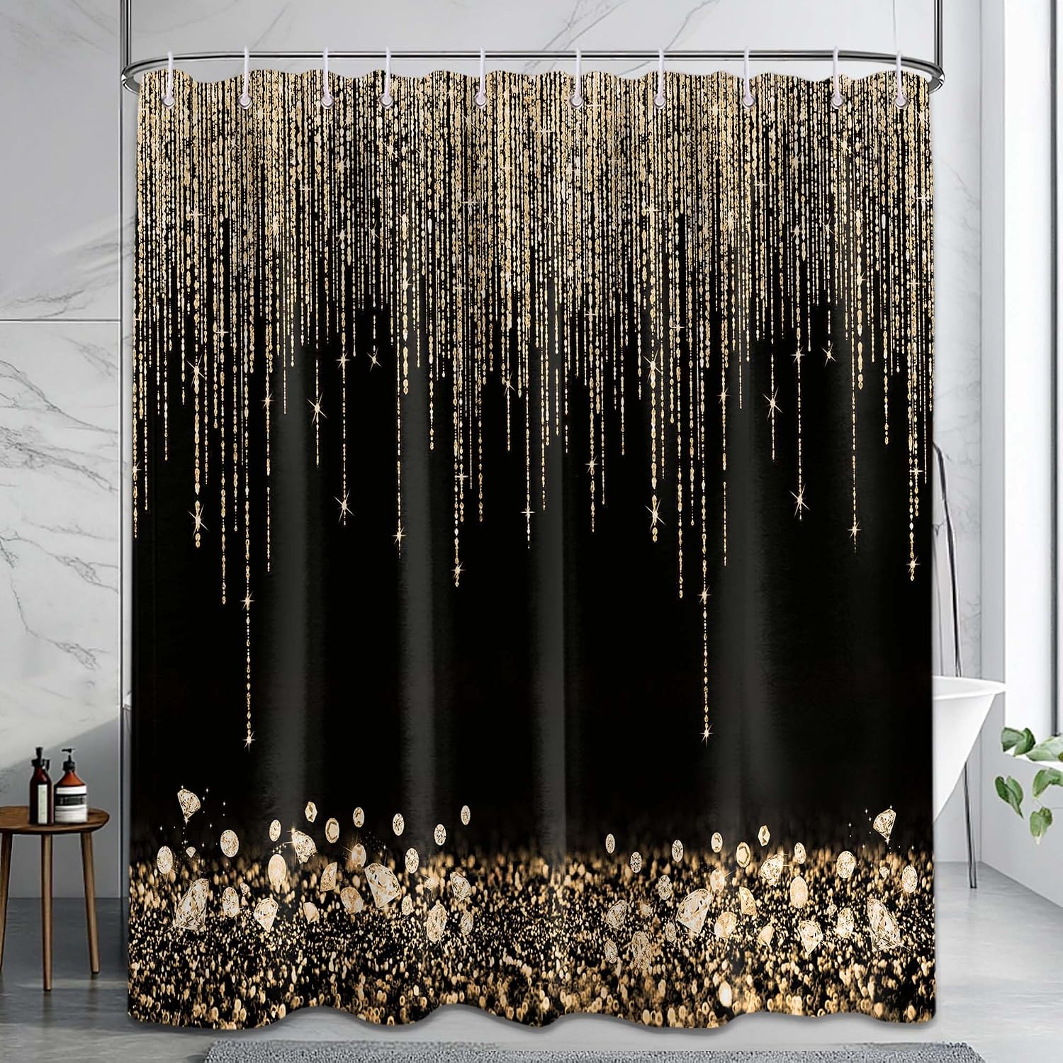 Home Bathroom Spa - Luxurious Gold Glitter Shower Curtain Black